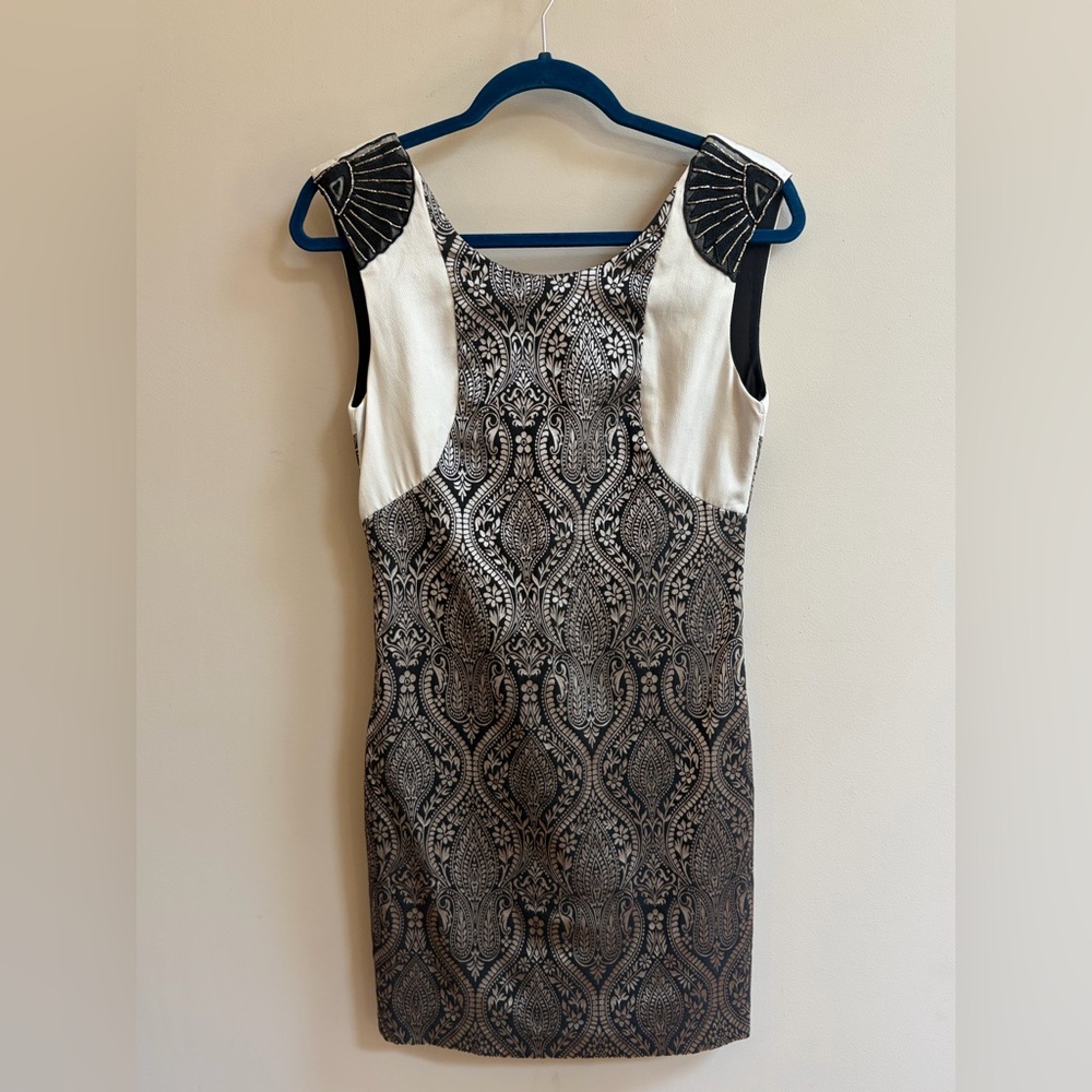 Esley Floral Pattern Black White Cocktail Party Beaded Shoulder Accent Dress